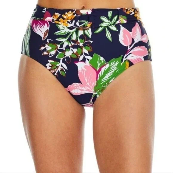 Anne Cole Signature Tropical Bloom Belted High-Waist Bikini Bottom- Blue, Large - Picture 1 of 12